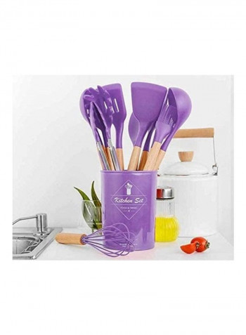 12-Piece Silicone Wooden Handle Kitchen Utensil Set With Holder Purple/Brown One Size