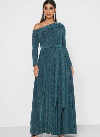 Belted Shimmer Maxi Dress Blue