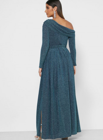 Belted Shimmer Maxi Dress Blue
