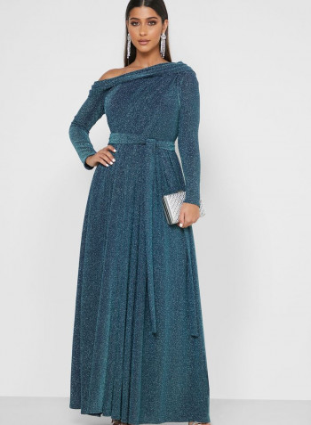Belted Shimmer Maxi Dress Blue