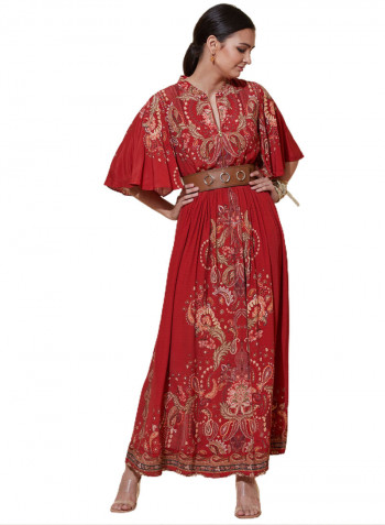 Floral Printed Collared Long Dress Burgundy