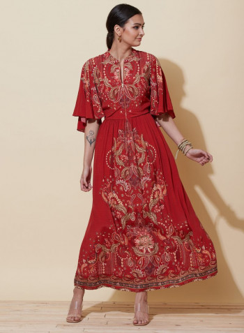 Floral Printed Collared Long Dress Burgundy