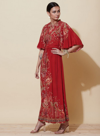 Floral Printed Collared Long Dress Burgundy