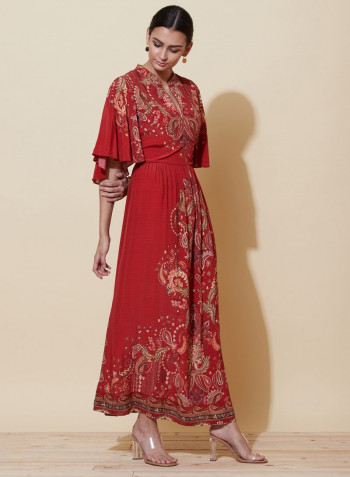 Floral Printed Collared Long Dress Burgundy