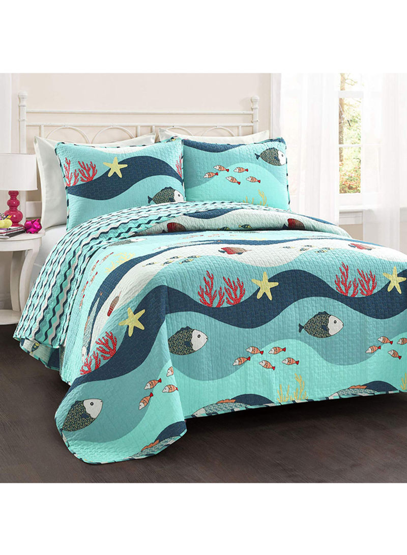 2-Piece Sea World Printed Quilt Bedding Set Blue/Yellow/Red