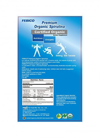 Premium Organic Spirulina 500mg - 500 Tablets