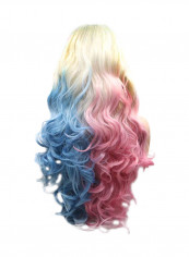 Ombre Body Wave Half Hand Tied Hair Replacement Wig Blonde/Blue/Pink 24inch