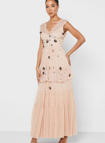 Embellished Detail Pleated Dress Pink