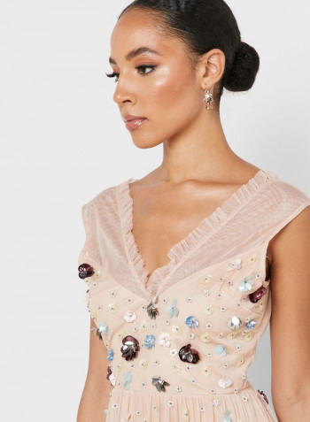 Embellished Detail Pleated Dress Pink
