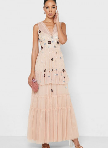 Embellished Detail Pleated Dress Pink