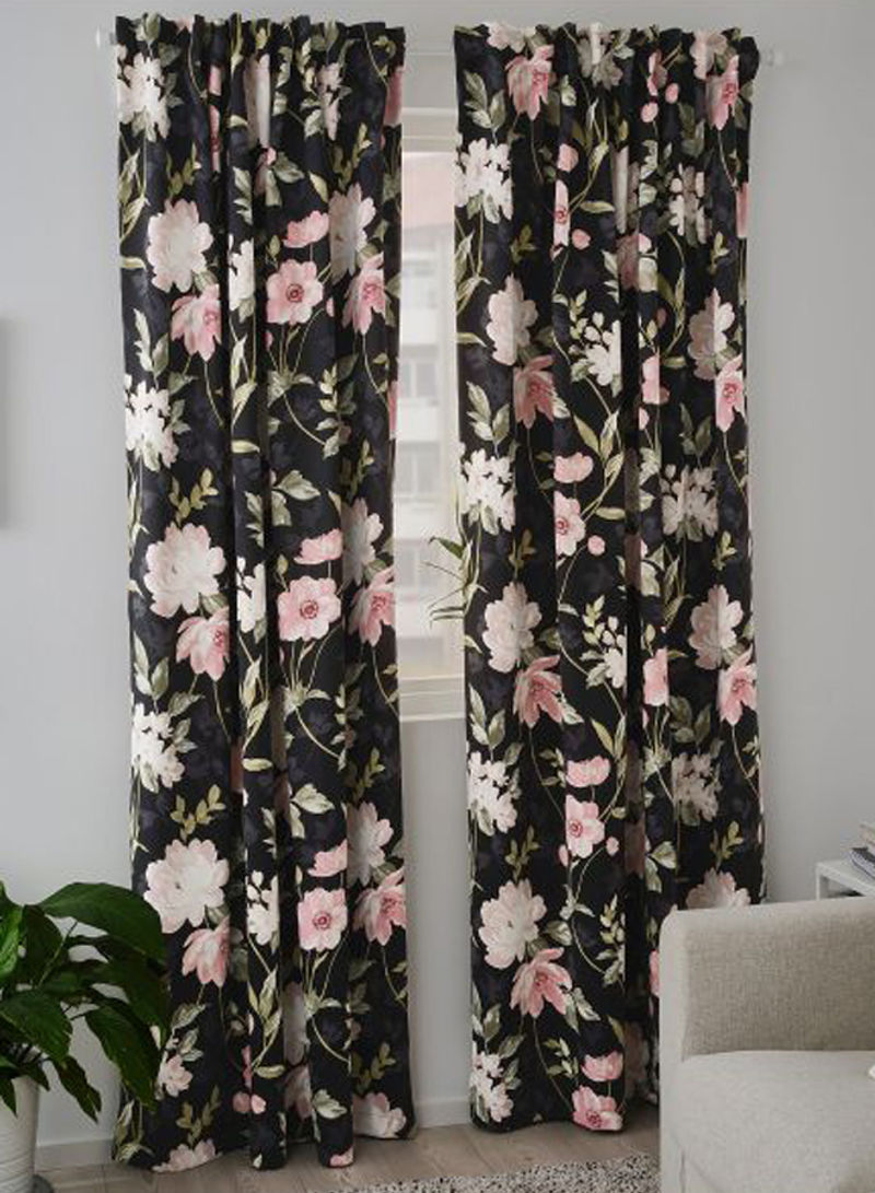 Pair Of Floral Printed Block-Out Curtains Black/Pink/White 145x300cm
