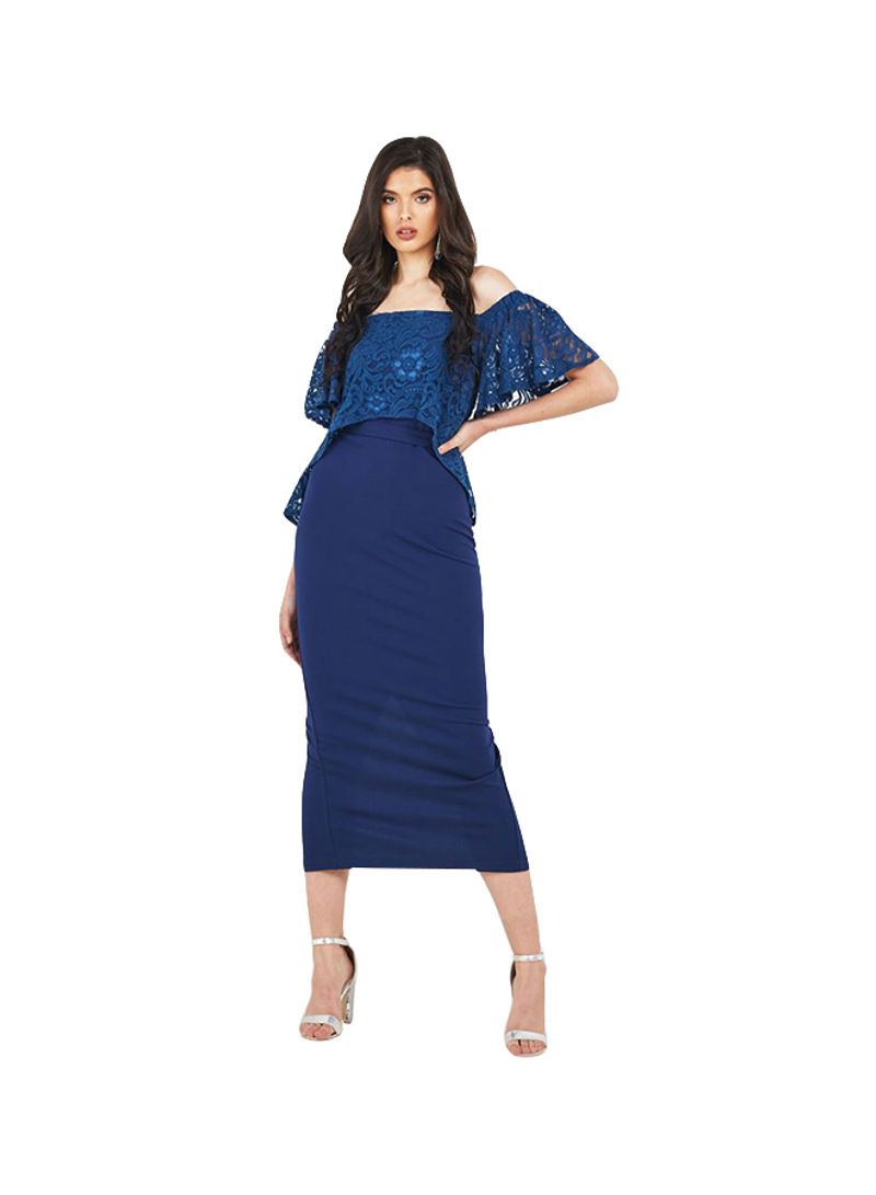 Lace Design Off Shoulder Dress Blue