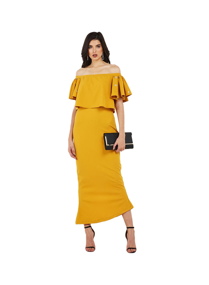 Frill Design Off Shoulder Dress Mustard