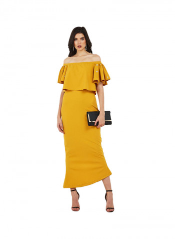 Frill Design Off Shoulder Dress Mustard
