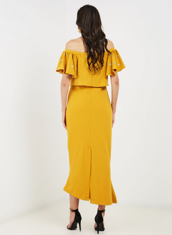 Frill Design Off Shoulder Dress Mustard