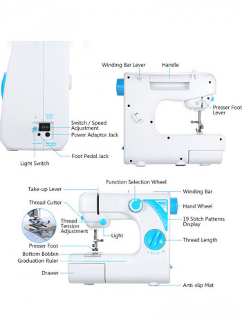 Portable Electric Sewing Machine With Foot Pedal White/Blue 27.5x12.5x26cm