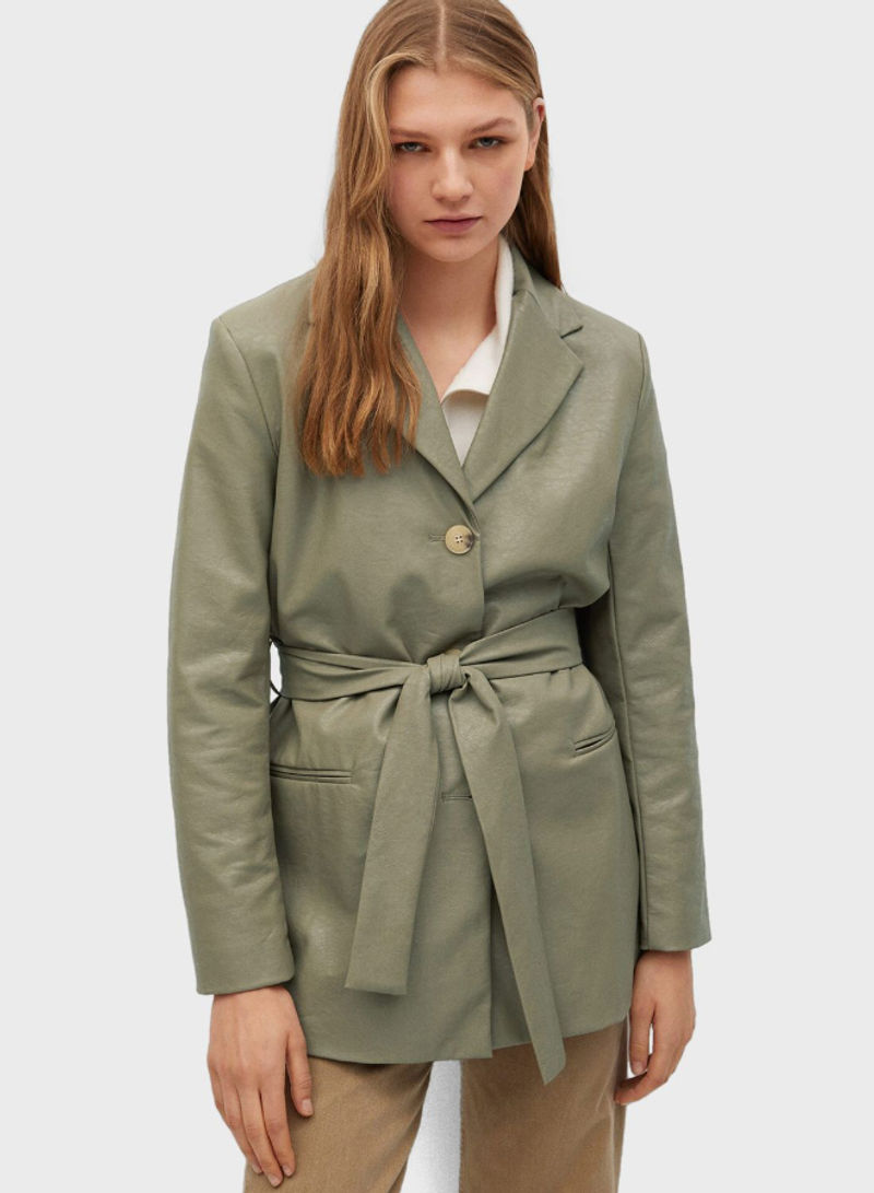Button Down Front Belted Coat Green