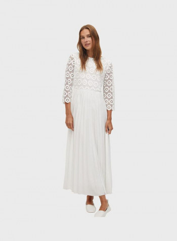 Embroidered Lace Yoke Plisse Dress White