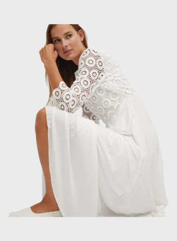 Embroidered Lace Yoke Plisse Dress White