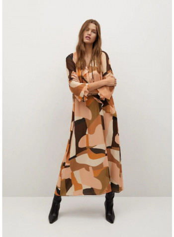 Ruffle Detail Printed Dress Beige/Brown/Black