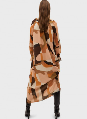 Ruffle Detail Printed Dress Beige/Brown/Black
