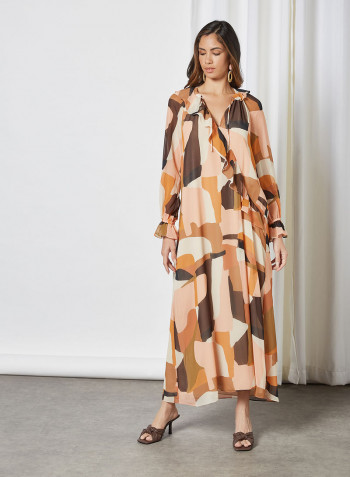 Abstract Print Long Sleeve Dress Orange