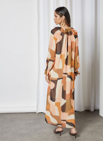 Abstract Print Long Sleeve Dress Orange
