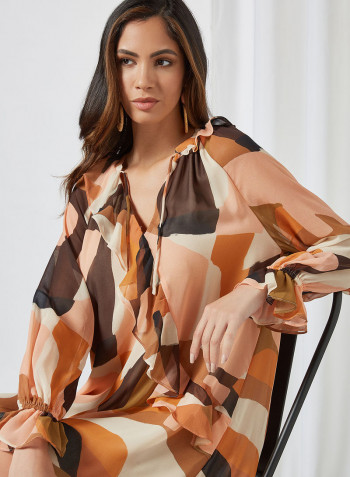 Abstract Print Long Sleeve Dress Orange