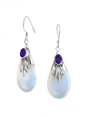 925 Sterling Silver Cubic Zirconia And Opalite Glass Studded Teardrop Earrings