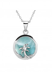 925 Sterling Silver Natural Larimar Palm Tree Circle Pendant Necklace