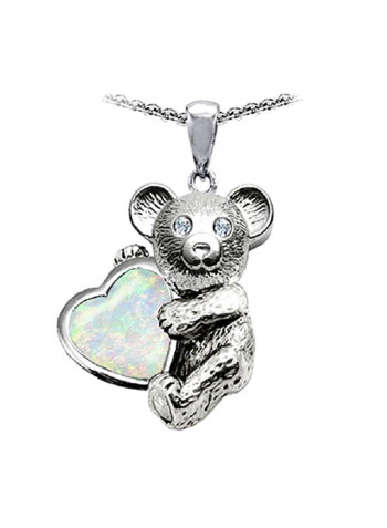 925 Sterling Silver Opal Studded Bear Hugging Heart Shape Pendant Necklace
