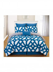 7-Piece Printed Comforter Set Polyester White/Blue Queen