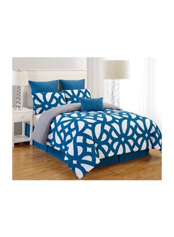 7-Piece Printed Comforter Set Polyester White/Blue Queen