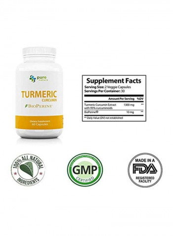 Turmeric Curcumin Bioperine Dietary Supplement 1300 mg 60 Capsules