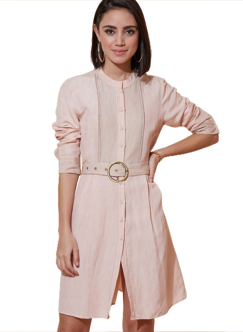 Solid Pattern Mandarin Collar Three Quarter Sleeves Shirt Dress Soft Pink