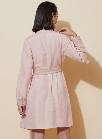Solid Pattern Mandarin Collar Three Quarter Sleeves Shirt Dress Soft Pink