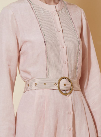 Solid Pattern Mandarin Collar Three Quarter Sleeves Shirt Dress Soft Pink