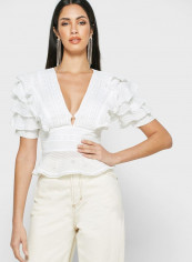 Way Back Layered Sleeve Plunge Peplum Top White
