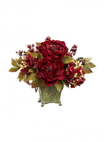Peony And Hydrangea Silk Flower With Pot Red/Green