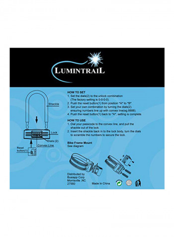 Combination 14mm Bicycle U-Lock With Mounting Bracket 22.86x14.22x2.54inch