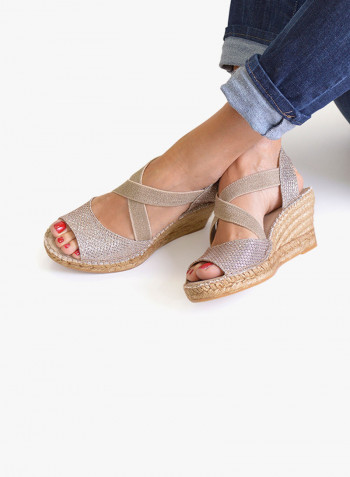 Sol-S Shimmery Elastic Strap Wedge Sandals Platinum