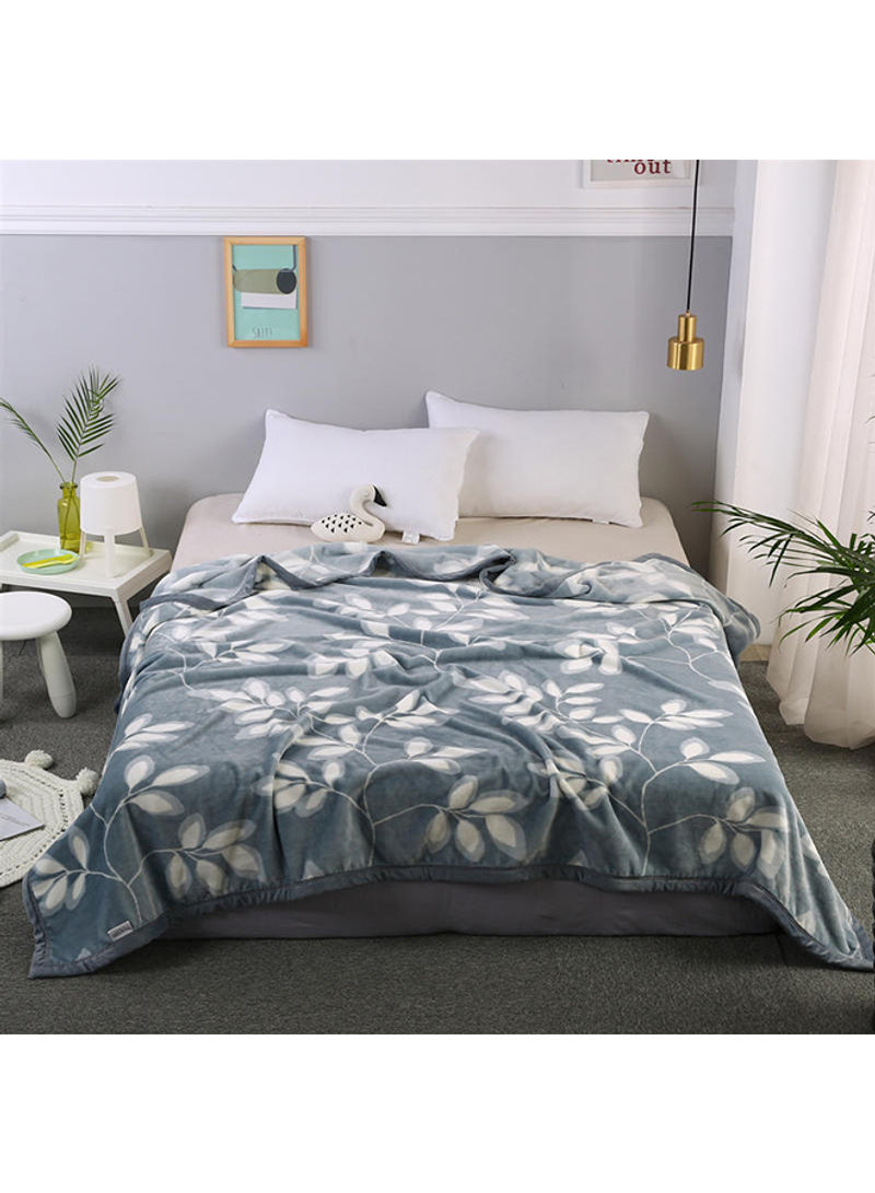 Soft Plant Print Bed Blanket Cotton Blue/White 180x230centimeter