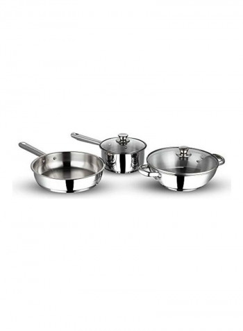 3-Piece Stainless Steel Induction Base Modena Cookware Set Silver Kadai With Lid 24, Saucepan With Lid 16, Frying Pan 24cm