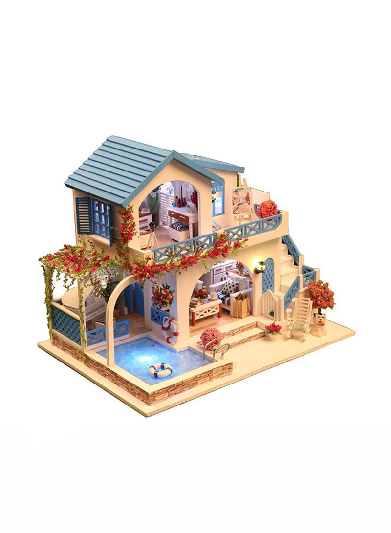 Blue And White Town 3D Puzzles Wooden Handmade Miniature Dollhouse Diy Kit