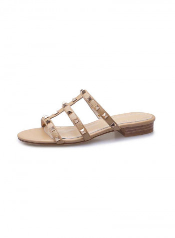 Women Leather Flat Sandals Beige