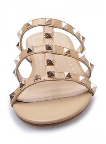 Women Leather Flat Sandals Beige