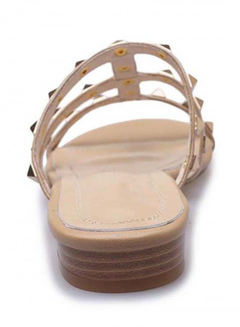 Women Leather Flat Sandals Beige