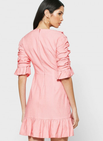 Ruched Detail Ruffle Wrap Dress Pink