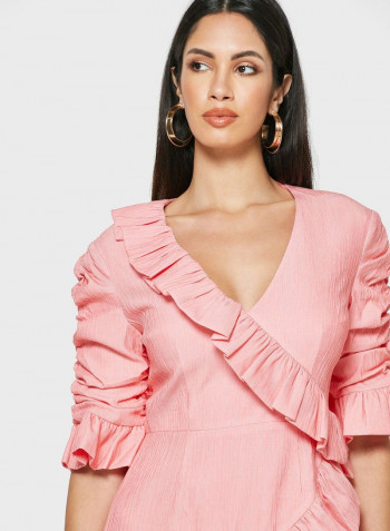 Ruched Detail Ruffle Wrap Dress Pink