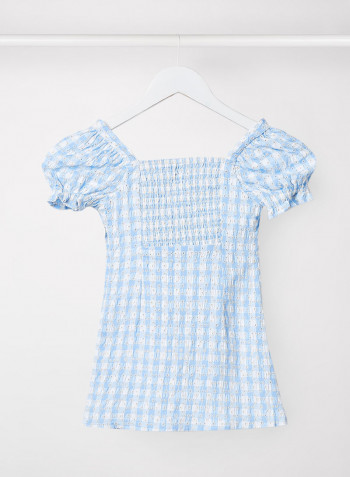 Kids/Teen Gingham Print Broderie Dress Blue